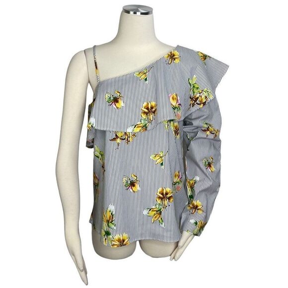 UO Lumiere One Shoulder Floral And Blue Stripe Blouse Size S New - Picture 1 of 6